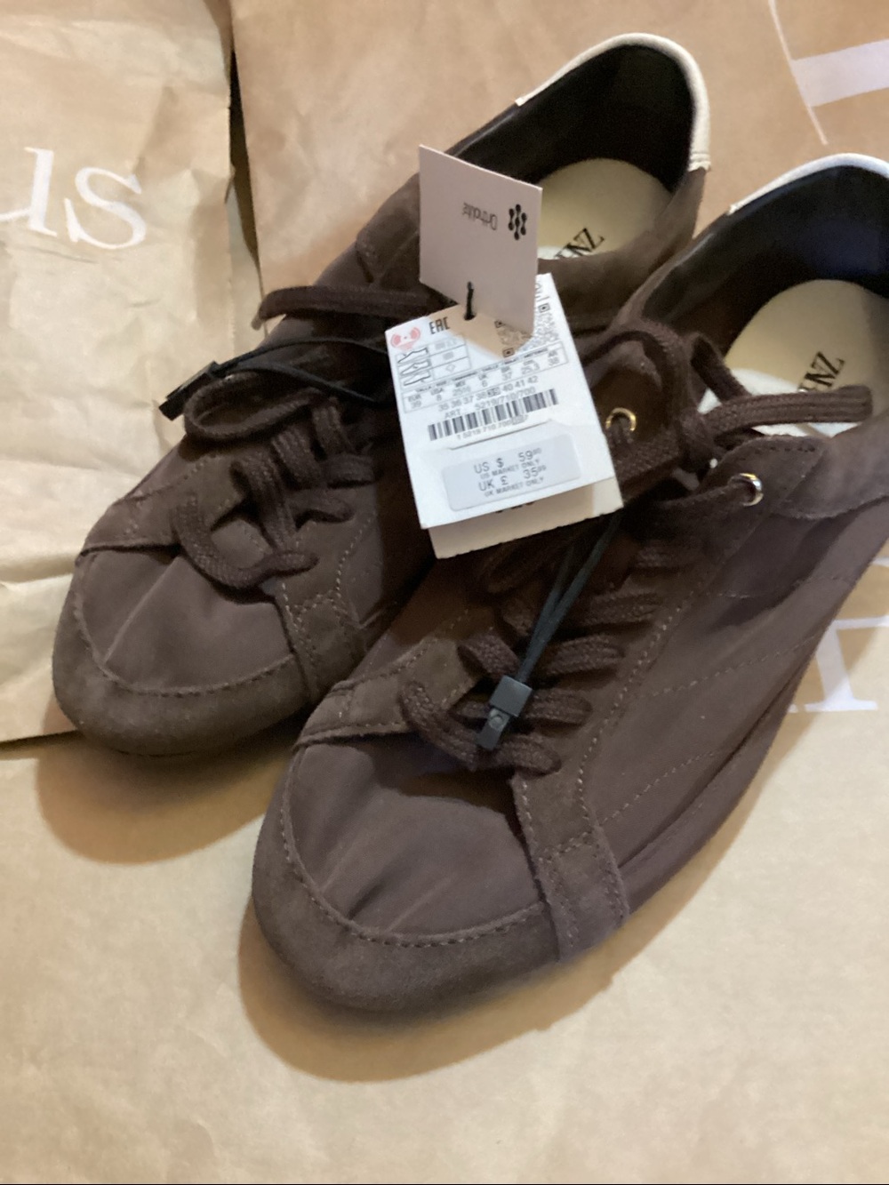 Zara Brown Low-Top Suede-Trim Lace-Up Sneakers